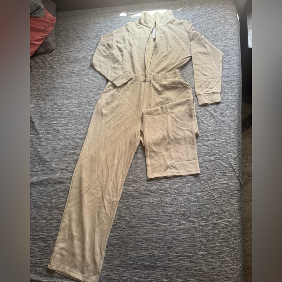 Tan Long-Sleeved Jumpsuit with Relaxed Fit - Picture 1 of 2